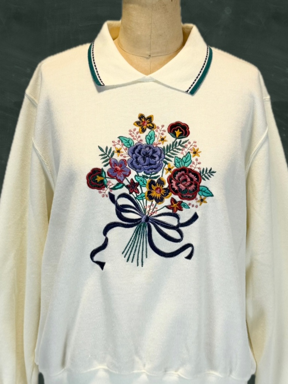 VINTAGE 90s flower bouquet embroidered top long‎ sleeve collar floral shirt 80s